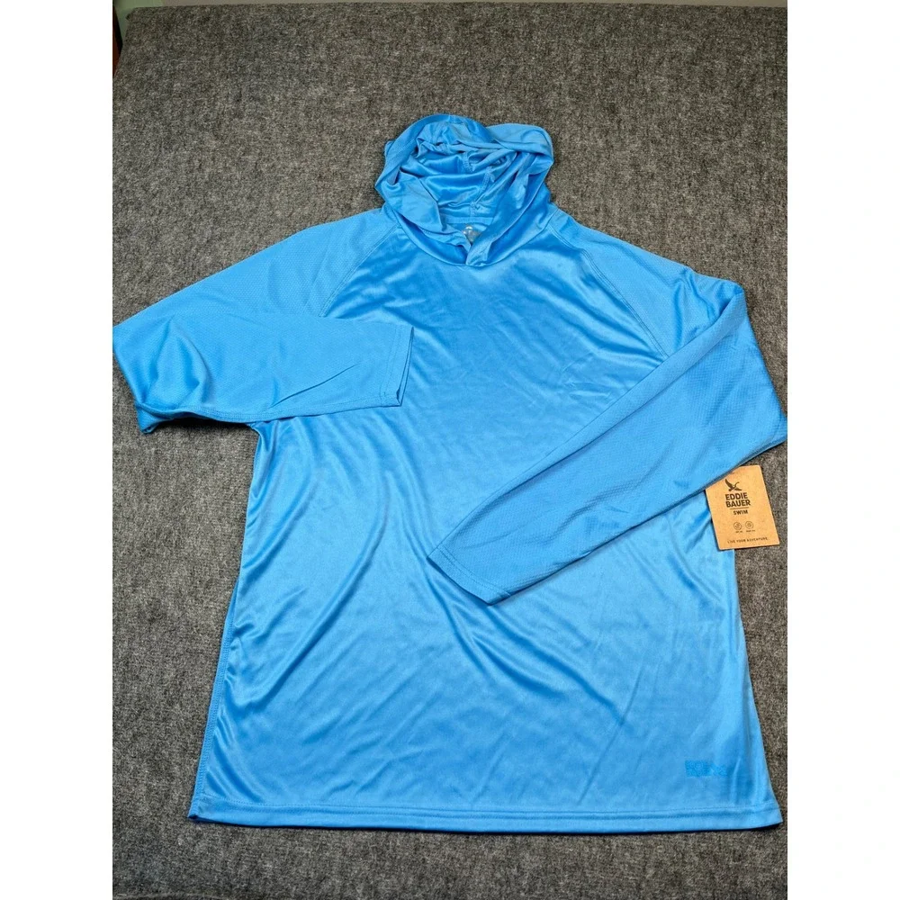 Eddie Bauer Swim Mens XL Island Blue Hooded Long Sleeve UPF 40‎ Rash Guard